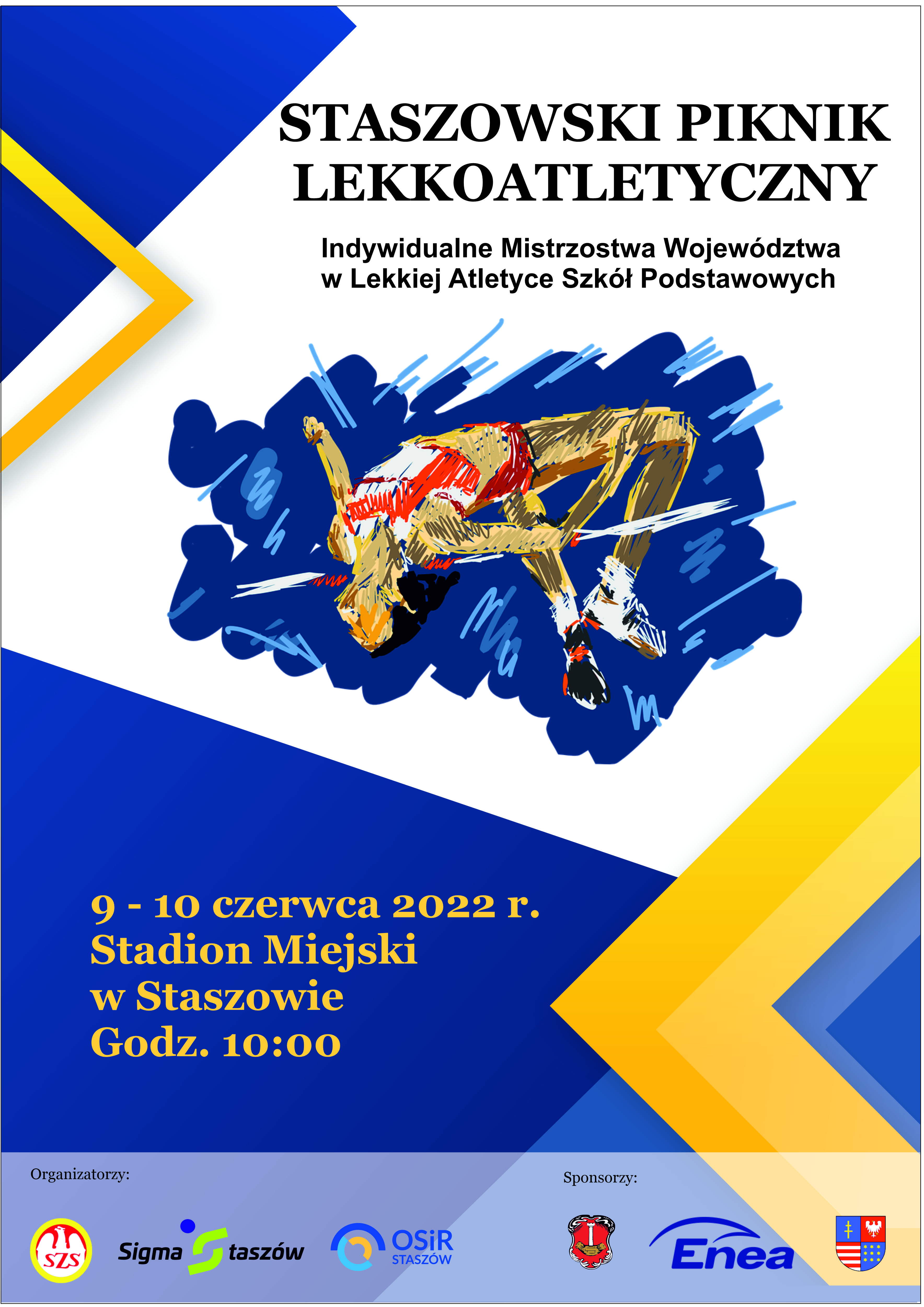 Plakat informacyjny: 9-10 czerwca, godz. 10:00, Stadion Miejski w Staszowie. Współzawodnictwo odbywać będzie się w następujących dyscyplinach:  skok wzwyż dziewcząt i chłopców, bieg na 100 m dziewcząt i chłopców, biegi na 300 m dziewcząt i chłopców, biegi na 600 m dziewcząt, bieg 1000 m dziewcząt, bieg na 2000 m chłopców, sztafeta 4x100 m dziewcząt i chłopców, skok w dal dziewcząt i chłopców, pchnięcie kulą dziewcząt i chłopców, rzut oszczepem dziewcząt i chłopców. Zawody sędziować będą sędziowie Świętokrzyskiego Związku Lekkiej Atletyki.